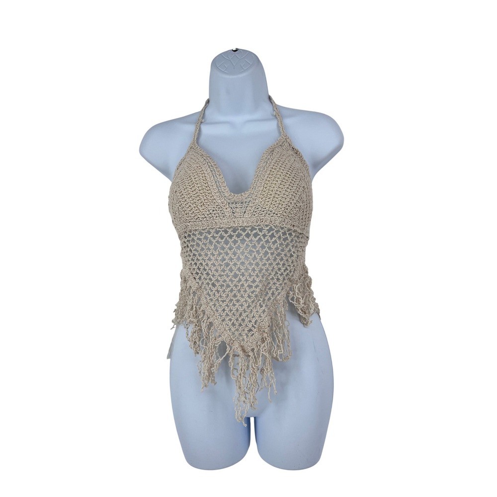 Sans Souci Beige Crochet Halter Top Fringe Boho Festival Medium